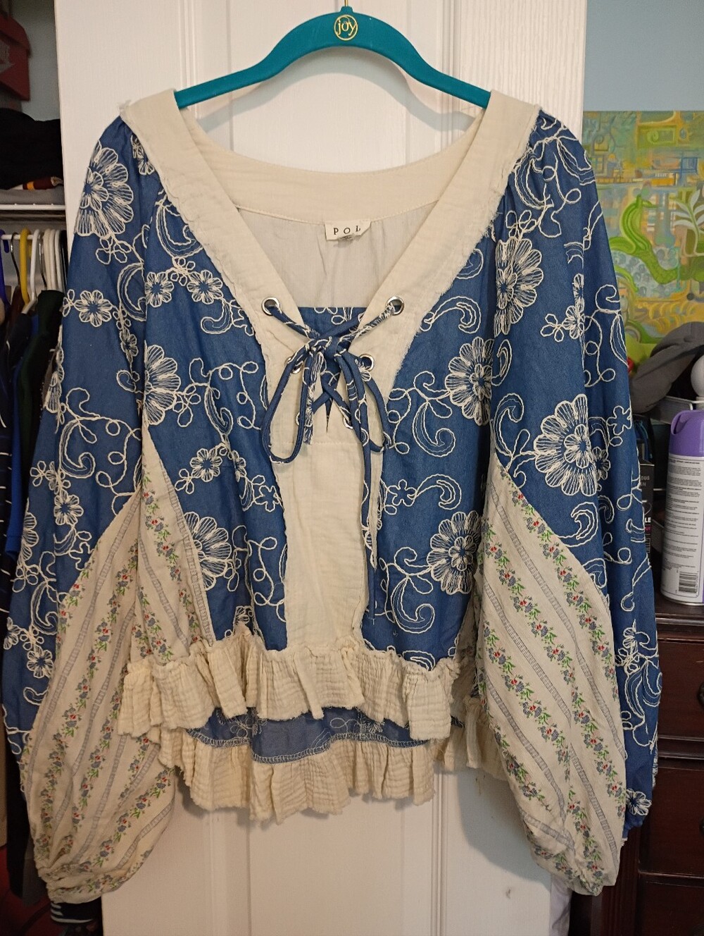 POL Blue Floral Lace-Up Peasant Blouse with Cream Panels